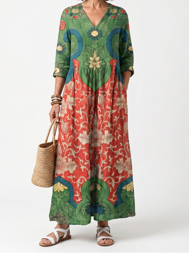 スローン | ミックスプリント Vネックポケットミディドレス