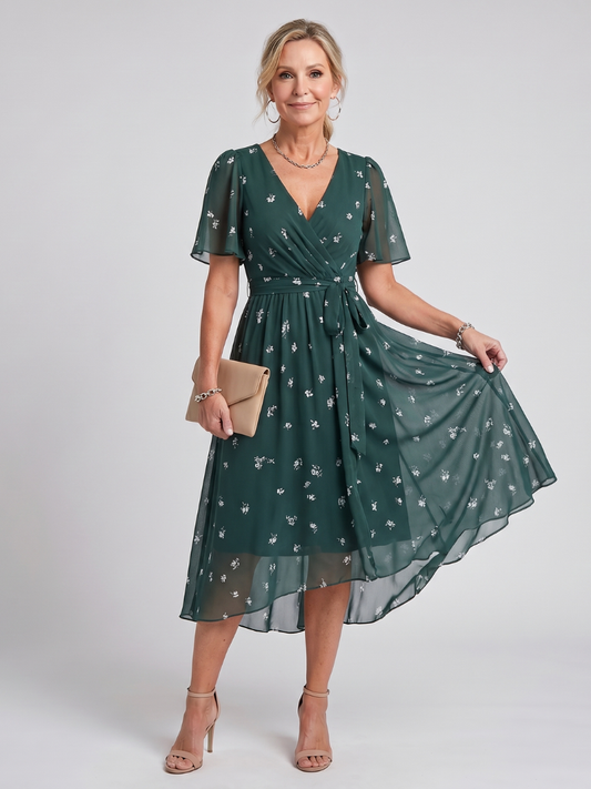 Mirabel | Robe midi à manches volantes et taille froncée avec imprimé floral