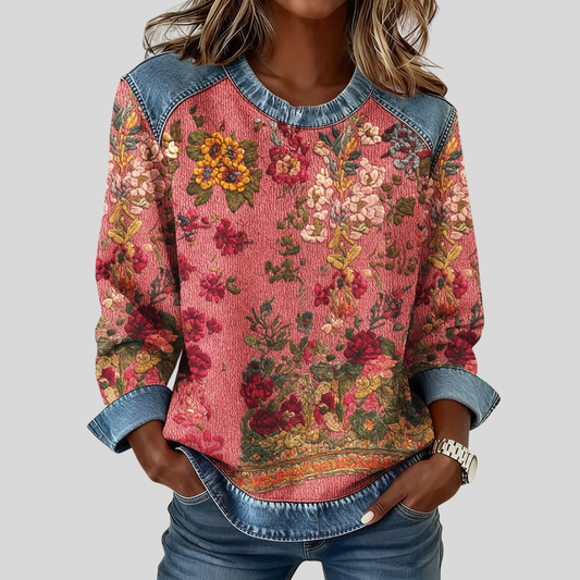 オラベル™ | フローラルプリントデニムトリムスウェットシャツ