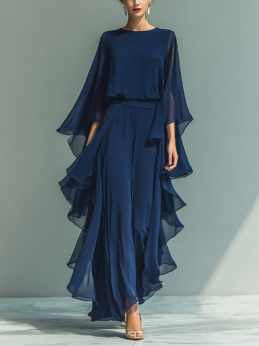 Ensemble Top en Chiffon Bleu Marine avec Manches Évasées et Pantalons à Jambe Droite avec Détails Ruchés