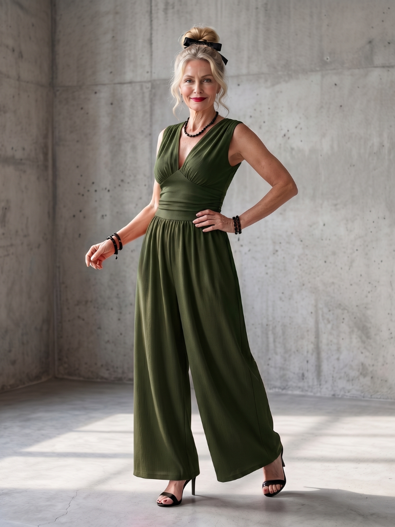 Vincenza | ディープVネック ウエストマーク ワイドレッグジャンプスーツ