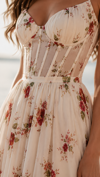 Queniva - Barcelona Romantic Floral Maxi Robe