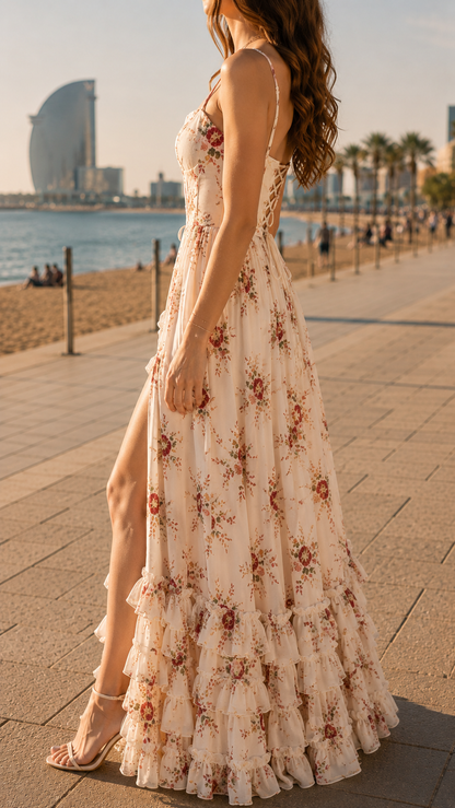 Queniva - Barcelona Romantic Floral Maxi Robe