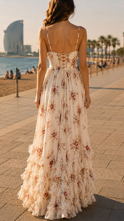 Queniva - Barcelona Romantic Floral Maxi Robe