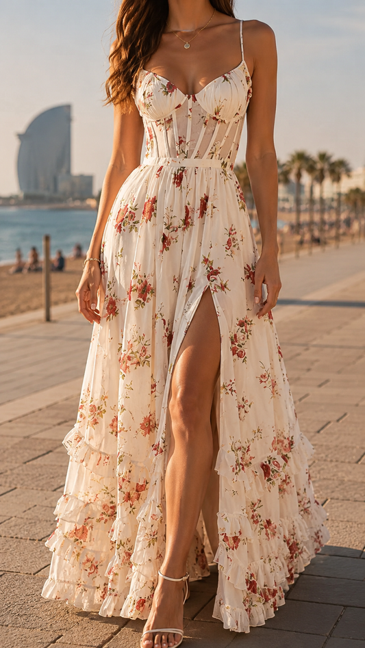 Queniva - Barcelona Romantic Floral Maxi Robe