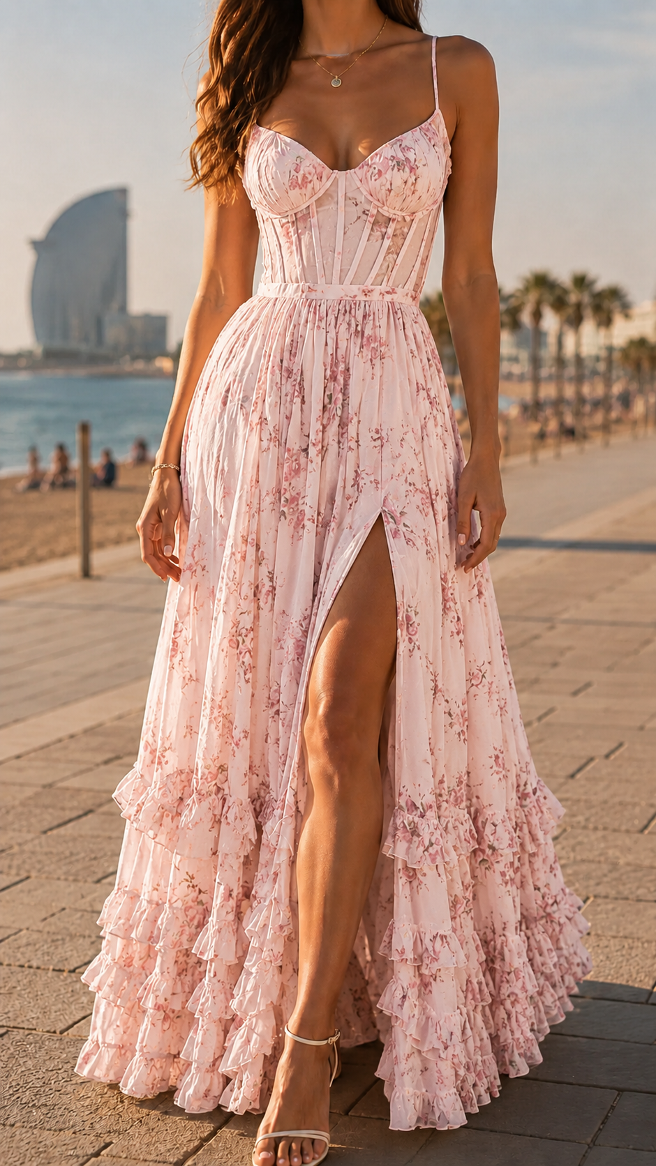 Queniva - Barcelona Romantic Floral Maxi Robe