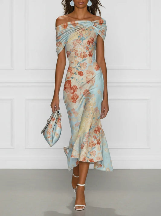 Vittoria - Robe Midi Sirène Sans Manches avec Épaules Dénudées et Motif Floral Bleu
