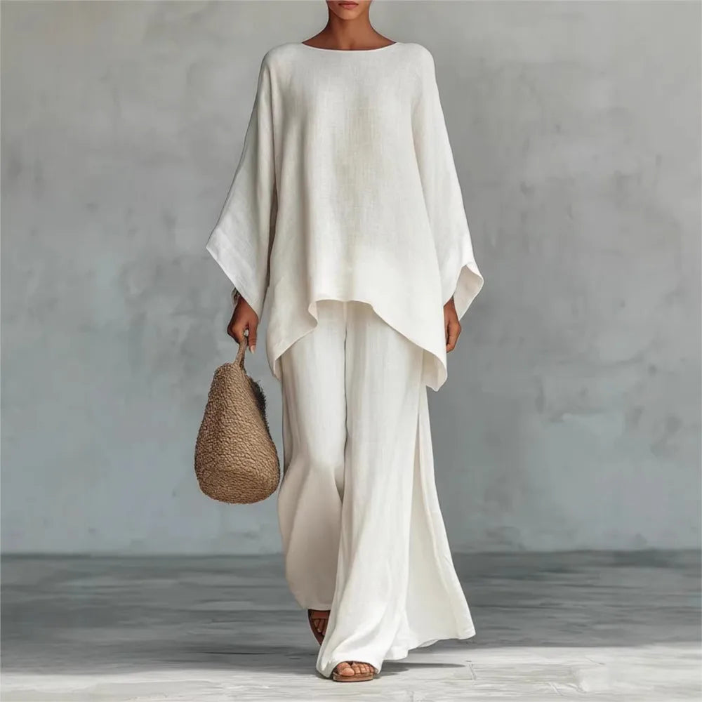 Lovina | Long Leg Wide-Leg Linen Pant Set with Long Sleeves
