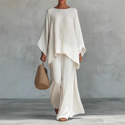 Lovina | Long Leg Wide-Leg Linen Pant Set with Long Sleeves