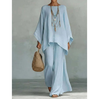 Lovina | Long Leg Wide-Leg Linen Pant Set with Long Sleeves