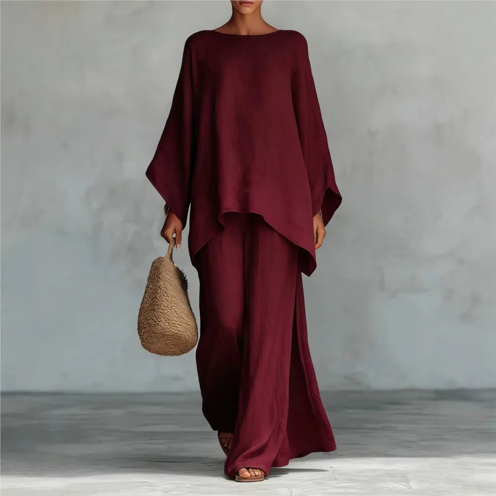 Lovina | Long Leg Wide-Leg Linen Pant Set with Long Sleeves