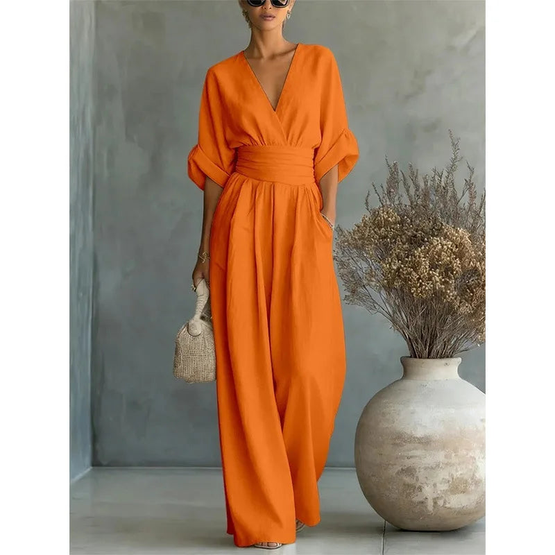 Viana | Elegant High-Waisted Pants with V-Neck and Wide Leg