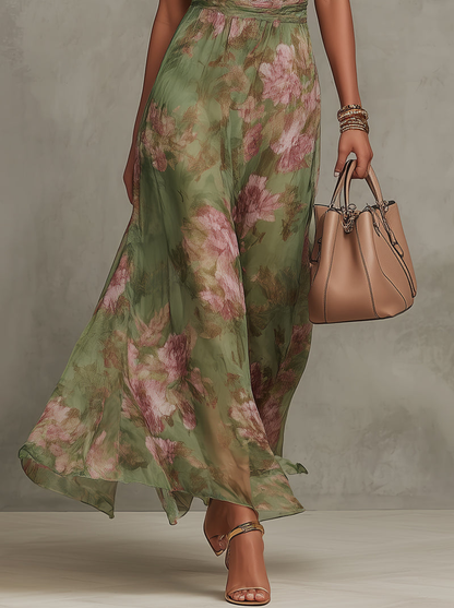 セレナ ∙ ホルターネック 花柄シフォン ロングドレス グリーン