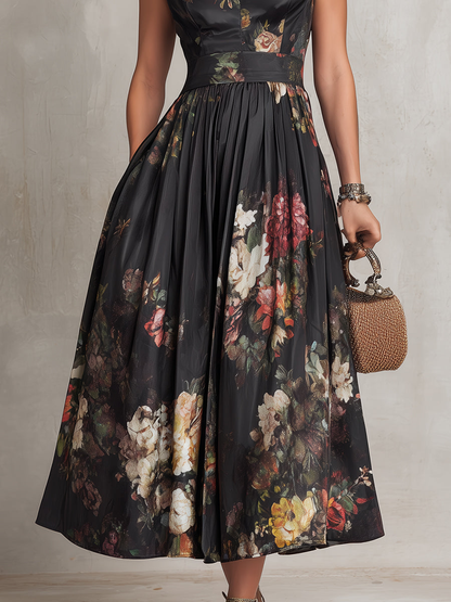 パトリシア | ブラック花柄サテンプリーツミディローブ