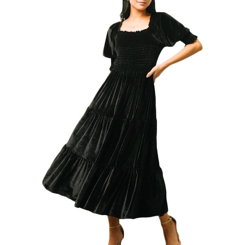 AUDREY™ - あらゆるシーンで活躍するスクエアネックパフスリーブAラインミディドレス